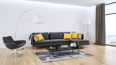 Modern parlak iç. 3D render illüstrasyon