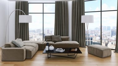 Modern parlak iç. 3D render illüstrasyon