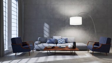 Modern parlak iç. 3D render illüstrasyon