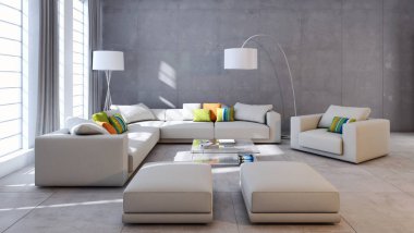 Modern parlak iç. 3D render illüstrasyon