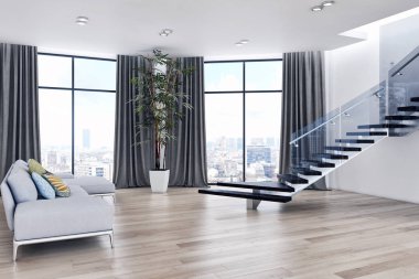 Modern parlak iç. 3D render illüstrasyon