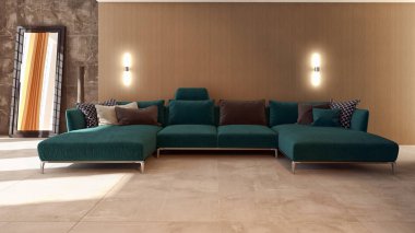 Modern parlak iç. 3D render illüstrasyon