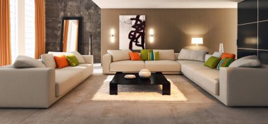 Modern parlak iç. 3D render illüstrasyon