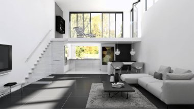 modern parlak iç mekan 3D resimleme