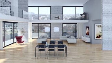 modern parlak iç mekan 3D resimleme