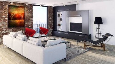 Modern parlak iç. 3D render illüstrasyon