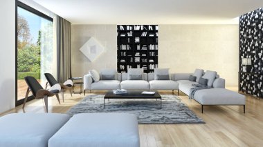 Modern parlak iç. 3D render illüstrasyon