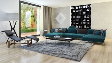 Modern parlak iç. 3D render illüstrasyon