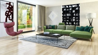 Modern parlak iç. 3D render illüstrasyon