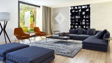 Modern parlak iç. 3D render illüstrasyon