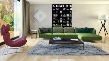 Modern parlak iç. 3D render illüstrasyon