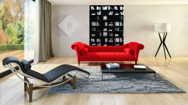 Modern parlak iç. 3D render illüstrasyon