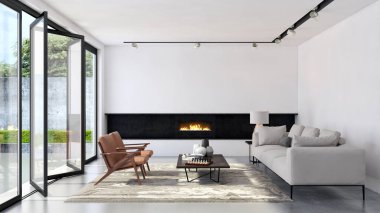 Modern parlak iç. 3D render illüstrasyon