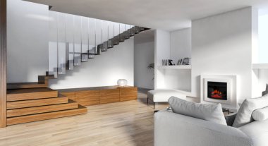 Modern parlak iç. 3D render illüstrasyon