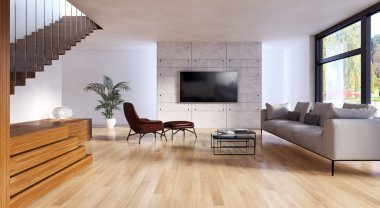 Modern parlak iç. 3D render illüstrasyon