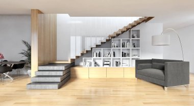 Modern parlak iç. 3D render illüstrasyon