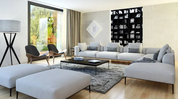 Modern parlak iç. 3D render illüstrasyon