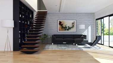 Modern parlak iç. 3D render illüstrasyon