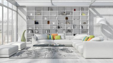 Modern parlak iç. 3D render illüstrasyon