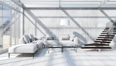 Modern parlak iç. 3D render illüstrasyon