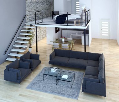 Modern parlak iç. 3D render illüstrasyon