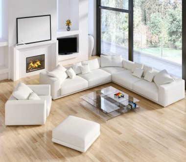 Modern parlak iç. 3D render illüstrasyon