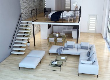 Modern parlak iç. 3D render illüstrasyon