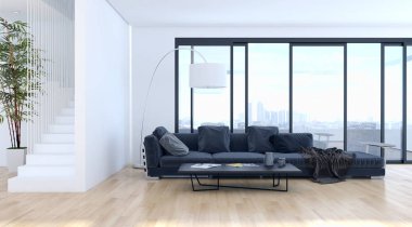 Modern parlak iç. 3D render illüstrasyon