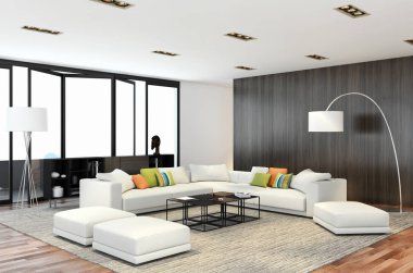 Modern parlak iç. 3D render illüstrasyon