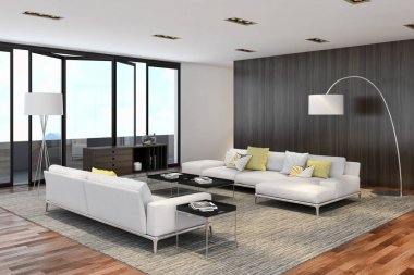 Modern parlak iç. 3D render illüstrasyon