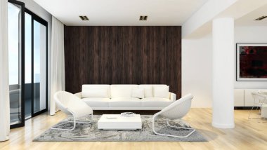 Modern parlak iç. 3D render illüstrasyon