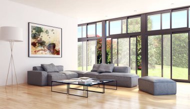 Modern parlak iç. 3D render illüstrasyon