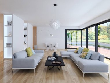 Modern parlak iç. 3D render illüstrasyon