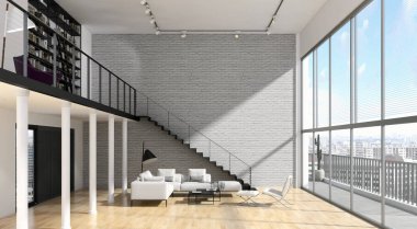 Modern parlak iç. 3D render illüstrasyon