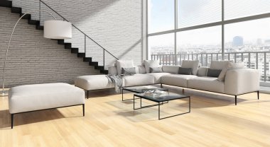 Modern parlak iç. 3D render illüstrasyon