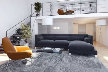 Modern parlak iç. 3D render illüstrasyon