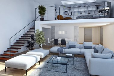 Modern parlak iç. 3D render illüstrasyon