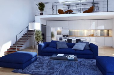 Modern parlak iç. 3D render illüstrasyon