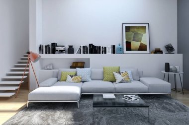 Modern parlak iç. 3D render illüstrasyon