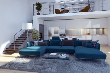 Modern parlak iç. 3D render illüstrasyon