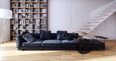 Modern parlak iç. 3D render illüstrasyon