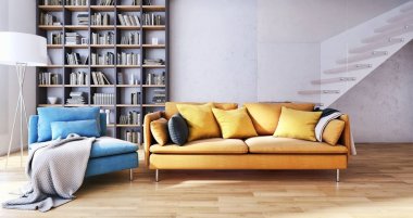 Modern parlak iç. 3D render illüstrasyon