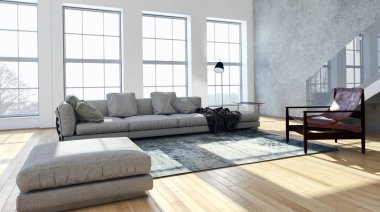 Modern parlak iç. 3D render illüstrasyon