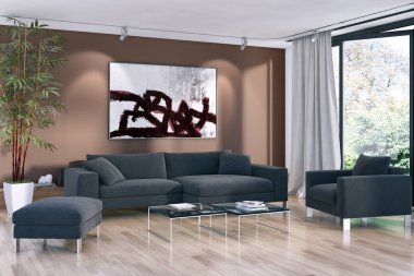 Modern parlak iç. 3D render illüstrasyon