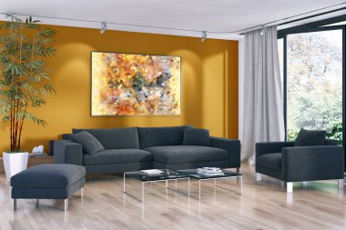 Modern parlak iç. 3D render illüstrasyon