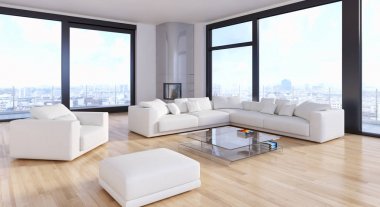 Modern parlak iç. 3D render illüstrasyon