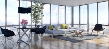 Modern parlak iç. 3D render illüstrasyon