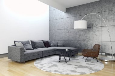 Modern parlak iç. 3D render illüstrasyon