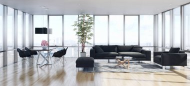 Modern parlak iç. 3D render illüstrasyon