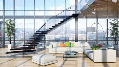 Modern parlak iç. 3D render illüstrasyon